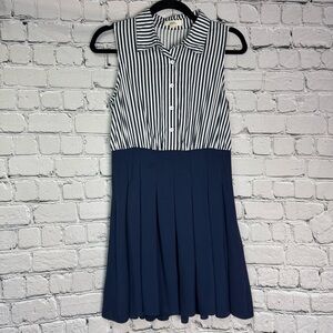 Freeway Navy White Striped Pleated A-Line Retro Skater Dress Collared Size Small